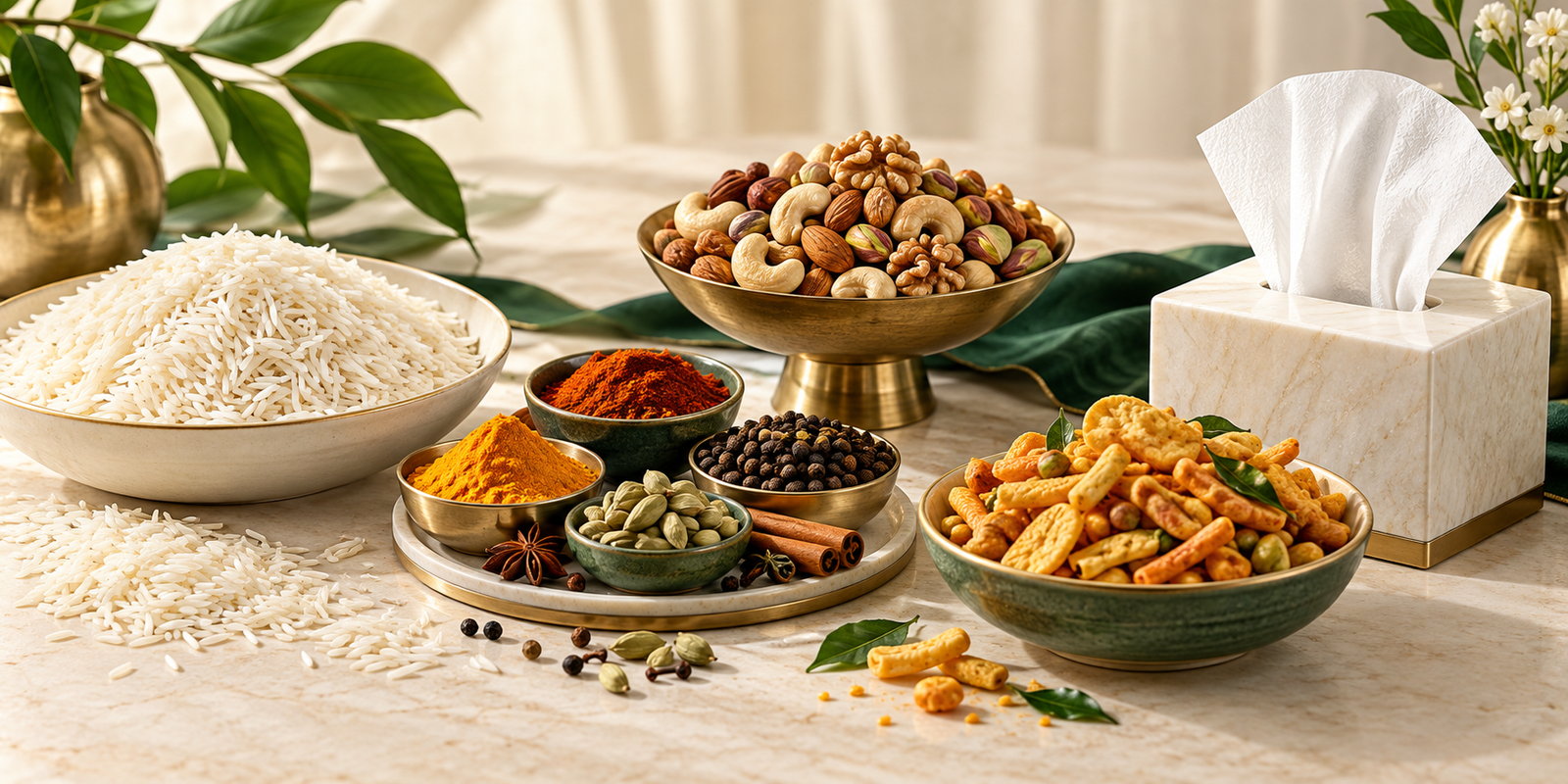 Rice, spices, nuts, snacks and tissue essentials